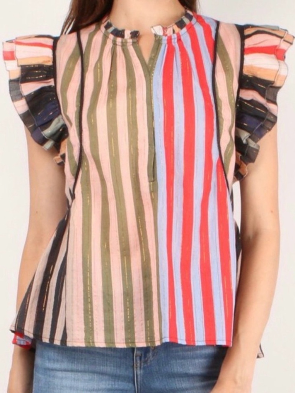 A Piece Apart Marina Del Mar Cotton Lurex Striped Ruffle Sleeve Blouse Top Sz 4